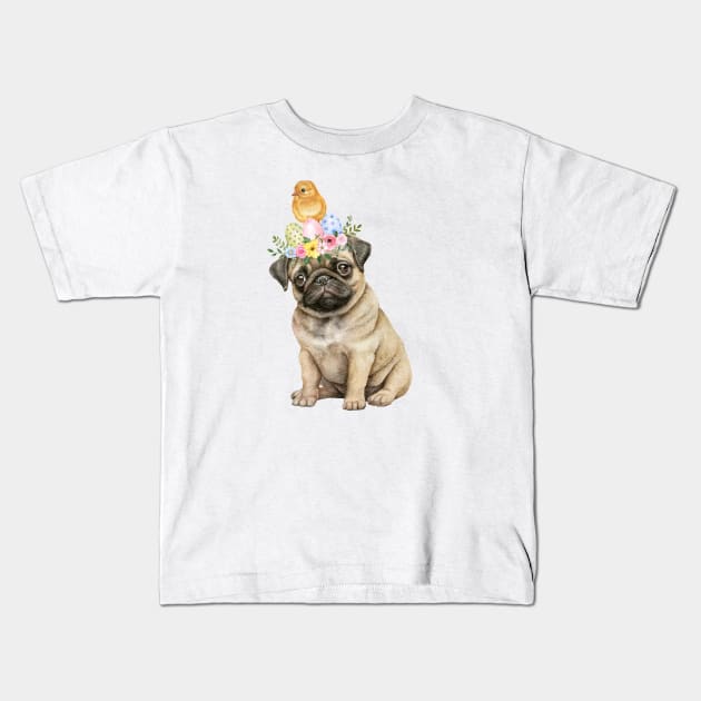 Sweet baby pug wit easter wreath and lttle yellow chicken on the head Kids T-Shirt by GerganaR